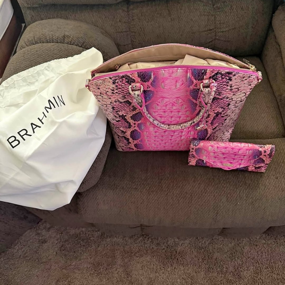 Brahmin Fuschia and Black Snake Print Satchel With Matching Wallet